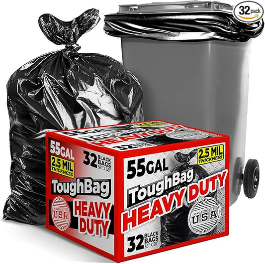 ToughBag 55 Gallon Trash Bags (32 Count) Heavy Duty Trash Bags, Black Garbage Bags, 2.5 Mil - Made in USA