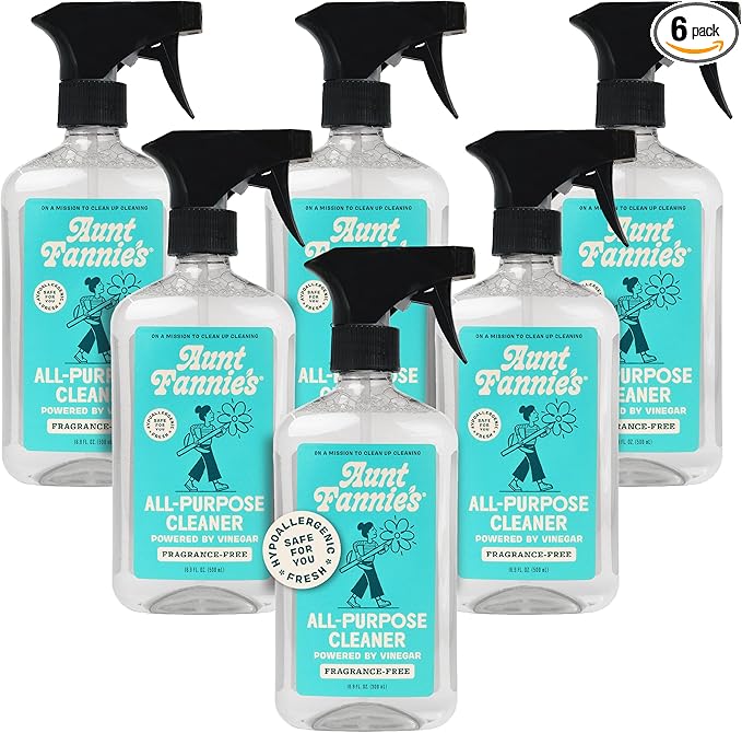 Aunt Fannie's All Purpose Household Cleaner, Multi-Surface Spray Cleaner, Powered by Vinegar for Kitchen, Bath, Windows and Countertops, Fragrance Free, Pack of 6