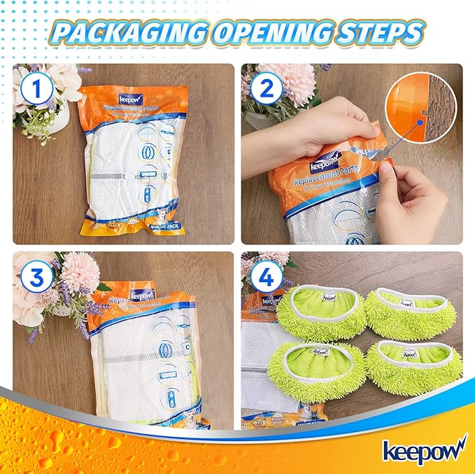KEEPOW Reusable Mop Pads Compatible with Swiffer Sweeper Mop, Microfiber Dry Sweeping Cloths, Washable Wet Pads Refills Mopping Cloth Refills for Hardwood Floor Cleaning, 4 Pack