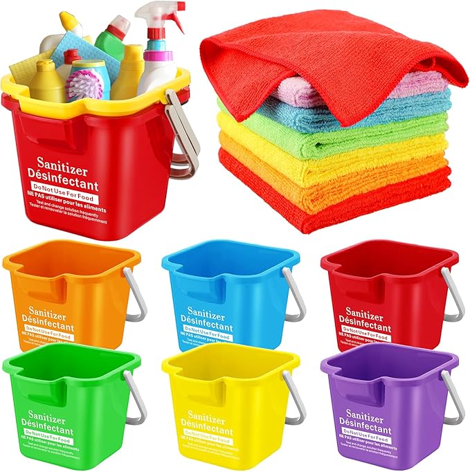 Vesici 6 Sets 3 Quart Cleaning Bucket with Microfiber Cleaning Cloths Small Sanitizing Square Bucket Detergent Plastic Utility Pail with Handle for Household Restaurant Office School Use (Colorful)