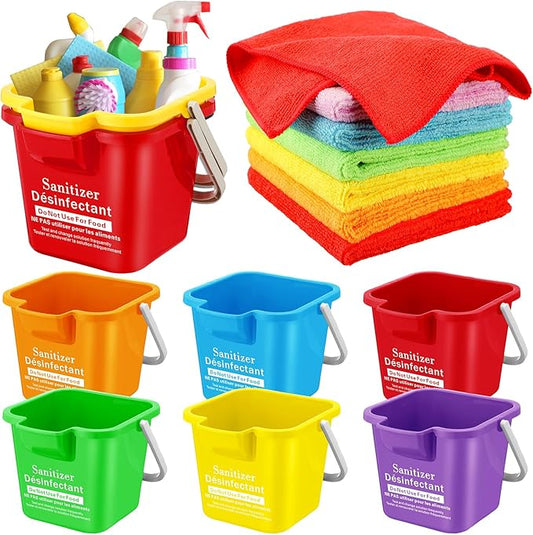 Vesici 6 Sets 3 Quart Cleaning Bucket with Microfiber Cleaning Cloths Small Sanitizing Square Bucket Detergent Plastic Utility Pail with Handle for Household Restaurant Office School Use (Colorful)