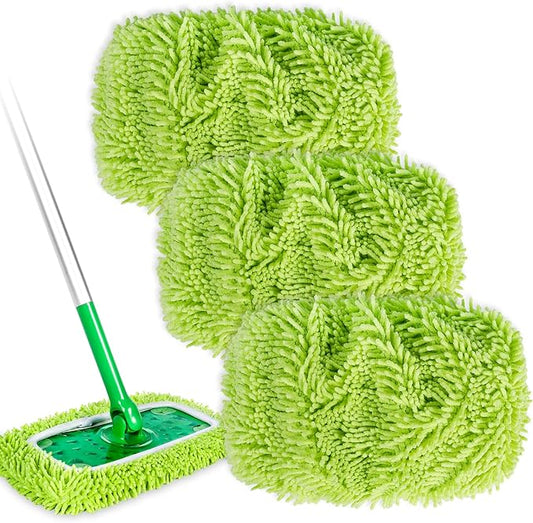 Reusable Mop Pads Compatible with Swiffer Sweeper Mops, 3 Pack 12 Inch Washable Microfiber Wet Pads Refills Dry Sweeping Cloths Heavy Duty Mop Head Replacement for Wet Dry Floor Cleaning, Green