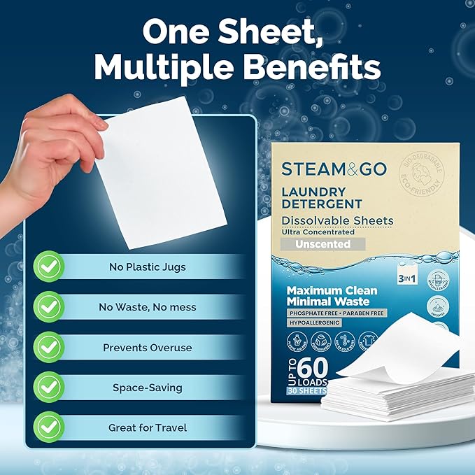 Steam and Go Laundry Detergent Sheets – 3in1 Dissolvable Sheets with Deep Cleaning, Fragrance-Free, & Hygienic Purifying Action – Hypoallergenic, Vegan & Cruelty-Free - Unscented – 30 Ct