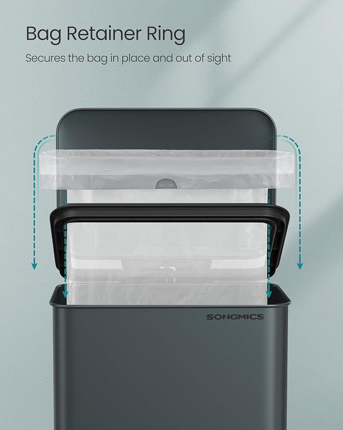 SONGMICS Kitchen Trash Can, 10.5 Gallon (40 L) Garbage Can, Large Step Trash Bin with Lid, Stainless Steel, Soft Close, 15 Trash Bags Included, Charcoal Gray ULTB540G01