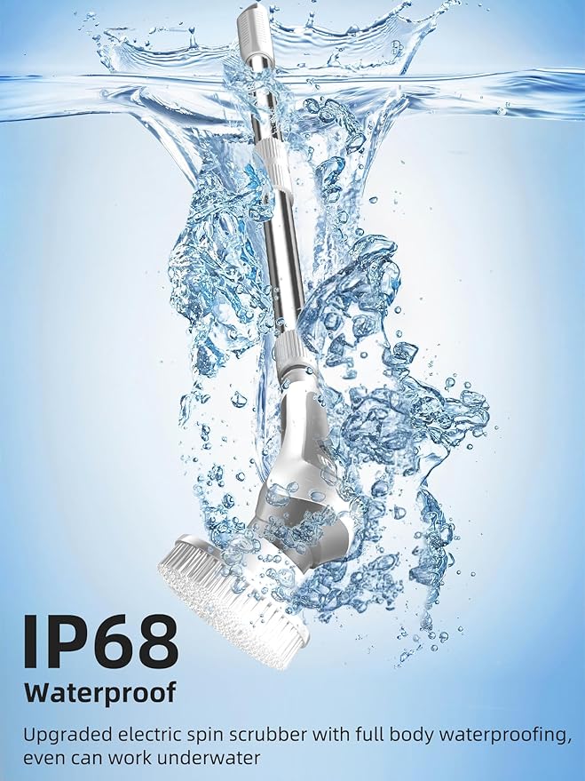 Electric Spin Scrubber,Cordless Shower Scrubber with Power Display Screen,IP68 Waterproof Bath Cleaning Brush,Adjustable Extension Handle & 2 Speeds,Electric Cleaning Brush for Bathroom,Kitchen,Tub