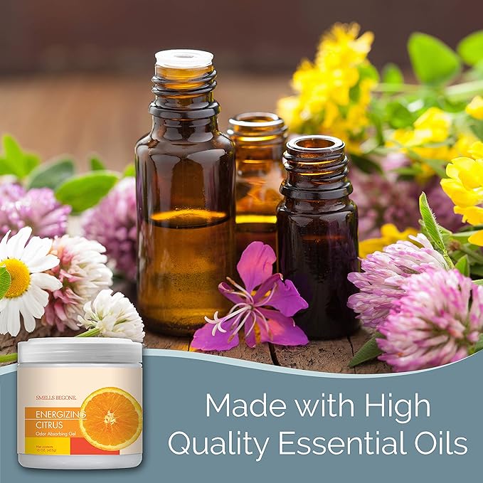 SMELLS BEGONE 15 oz Air Freshener Odor Absorber Gel - Absorbs Odor from Bathrooms, Cars, Pet Areas, Boats & RVs - Made with Essential Oils - Energizing Citrus Scent