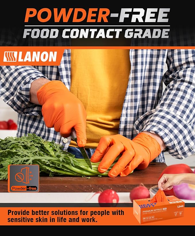 LANON 8mil Orange Disposable Nitrile Gloves, Mechanic, Heavy Duty, Food Safe, Latex Free, Powder Free, Fully-Diamond Textured, XXL