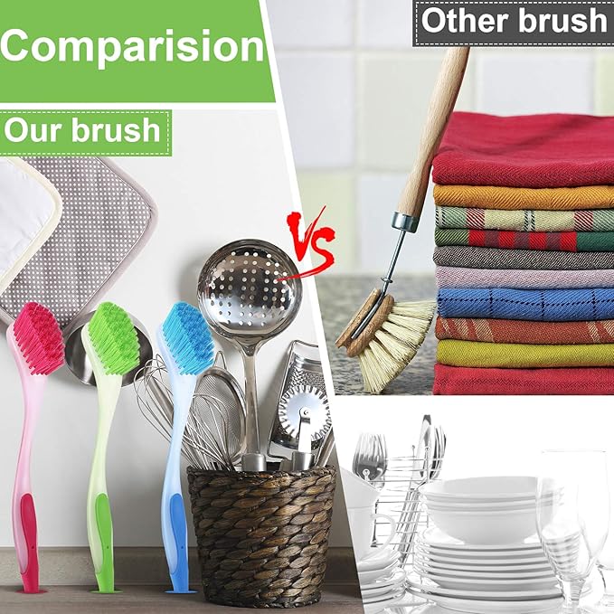 5 Pieces Long Dish Brush with Handle Assorted Color Dishwashing Brush with Suction Cup Multipurpose Scrub Cleaning Tool for Kitchen, Toilet, Etc.