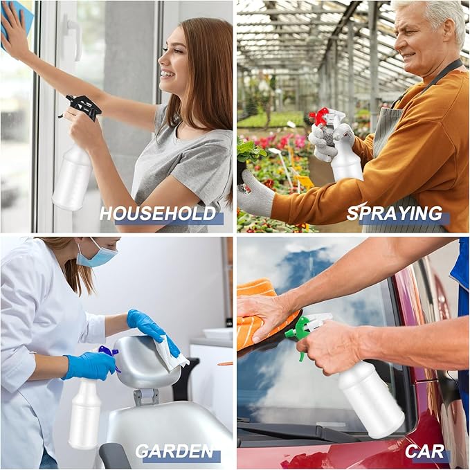 Zubebe 24 Pack 32 oz Plastic Spray Bottle Bulk Empty Leakproof Heavy Duty Spray Bottles for Cleaning Supplies Mist Bottles with Label and Adjustable Nozzle for Plant(Multicolor B,Clear Scale)