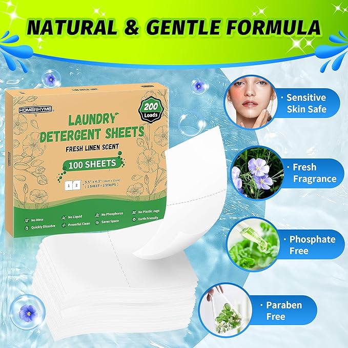 HOMERHYME Laundry Detergent Sheets - Fresh Linen Scent, 200 Loads (100 Sheets), Plastic Free Laundry Sheets for Travel, Dorms, Home, Apartments, Eco & Hypoallergenic