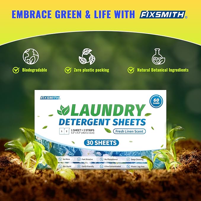 FIXSMITH Laundry Detergent Sheets - 60 Loads (30 Sheets) Fresh Linen Scent - Hypoallergenic,Eco Friendly Laundry Soap Sheets Ultra-Concentrated Travel Detergent Sheets.Plastic-Free,Liquidless.