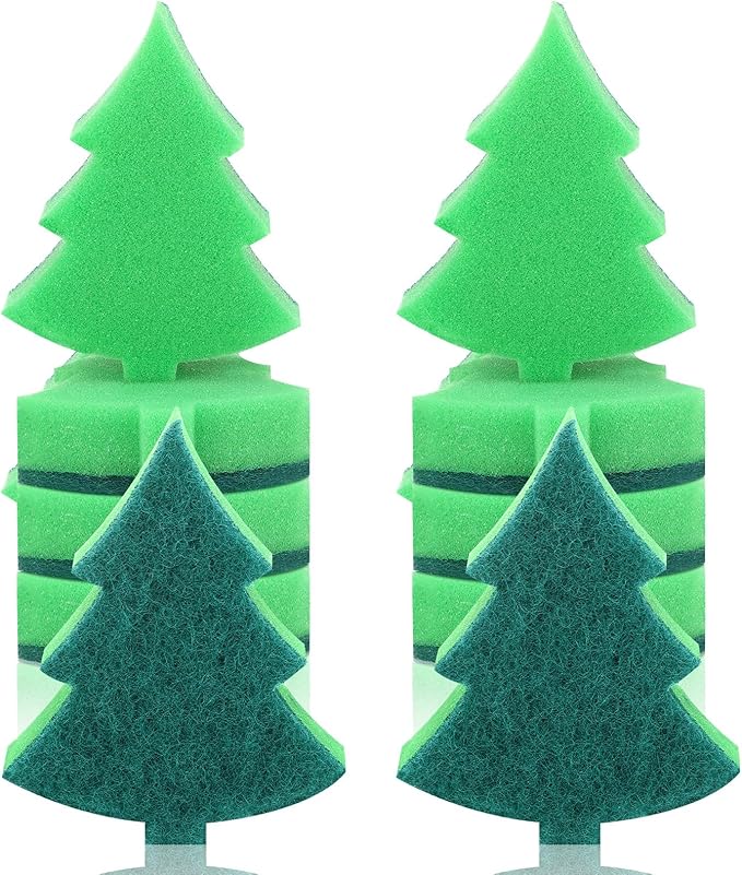 Tioncy 12 Pack Christmas Tree Kitchen Sponges Bulk Dual Sided Scrubber Sponges Dishwashing Non Scratch for Kitchen Accessories Dish Scouring, Green