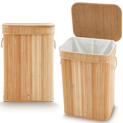 Bamboo Slim Trash Can with Lid, 21 Gallon Large Foldable Slim Rectangular Garbage Can Bamboo Waste Basket for Bathroom Bedroom Office Home Salon Spa