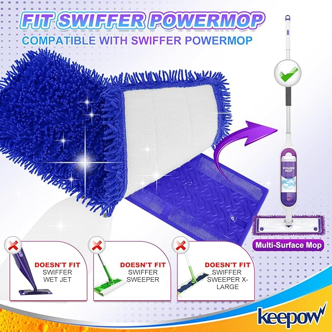 KEEPOW Reusable Power Mop Refill Pads Compatible with Swiffer PowerMop, Microfiber Power Mop Refills, Power Mop Pads for Hardwood Floor Cleaning (6 Pack)