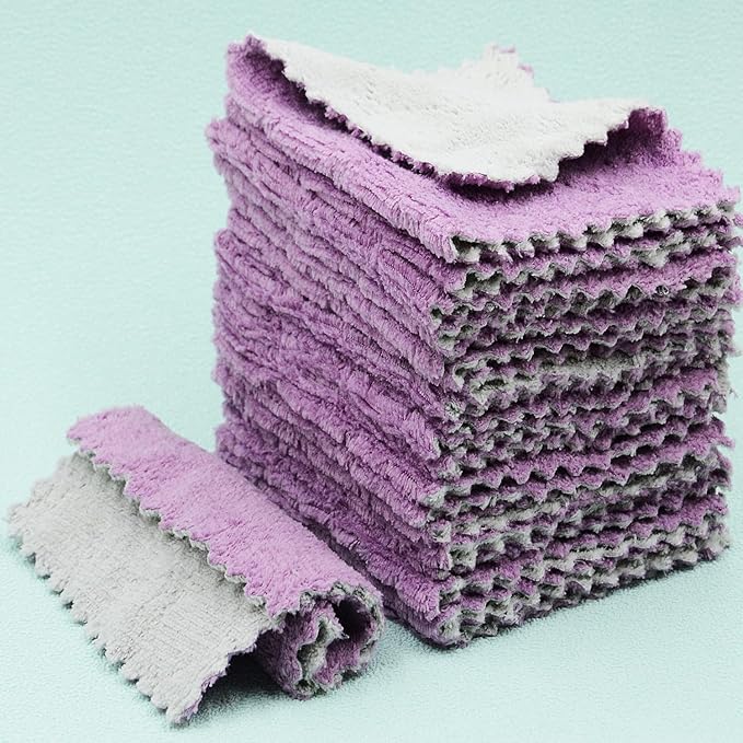 24PCS Kitchen Dishcloth, Microfiber Washcloth, Soft Cleaning Cloths, Coral Fleece/Lint Free/Absorbent/Quick Dry/Nonstick Oil Rags, Reusable Washable Tea Towel, 6''x10''(Purple)