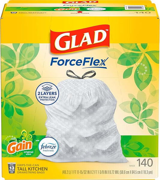 Glad ForceFlex Tall Kitchen Trash Bags, 13 Gallon, Gain Original, 140 Count (Package May Vary)