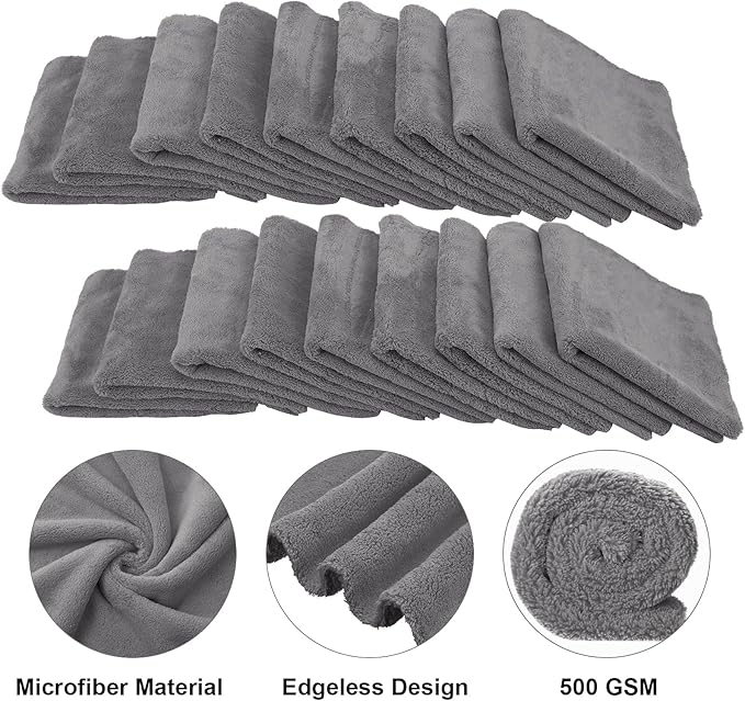 Shimeyao 30 Pcs Edgeless Microfiber Plush Towels for Cars Detailing Drying Wash Polishing Absorbent Cleaning Cloths, 500 GSM, 16 x 16 Inch(16 x 16 Inch,Gray,30 Pcs)