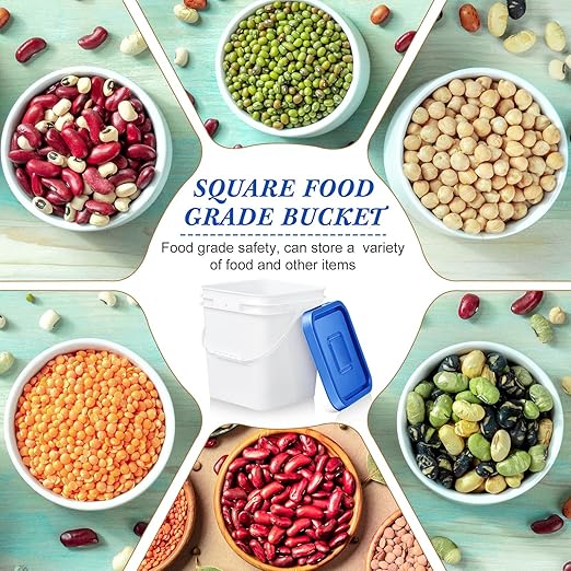 Mumufy 5 Pcs 3.5 Gallon Square Food Grade Bucket with Lid Square Bucket Pail with Plastic Handles for Storing Dry Food, Charcoal, Camping, Fishing (Blue Lid)