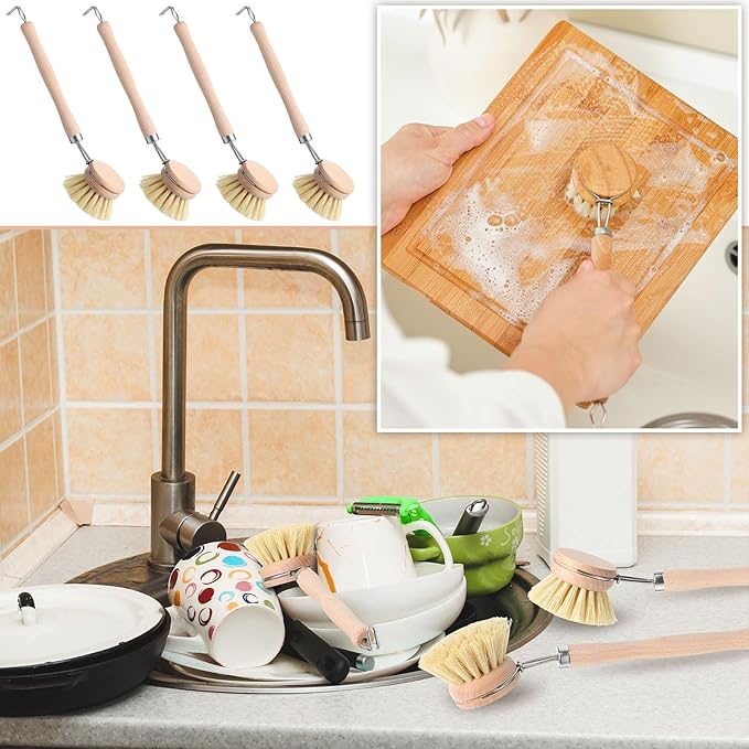 Maxdot 4 Pcs Kitchen Dish Brush with Beechwood Handle Natural Wooden Handle Scrub Brush Fiber Bristles Dish Scrub 2 Inch Replacement Brush Head for Pots Pans Utensils Washing Supplies