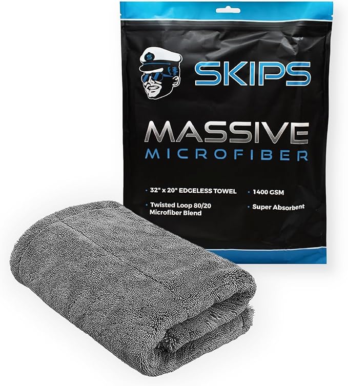 SKIPS Massive Microfiber Towel: Premium, Lint-Free Microfiber Cleaning Towel for Cars, Boats, and Large Surfaces - Absorbs 1 Gallon of Water, Ultra-Soft, Streak-Free, Safe for Paint