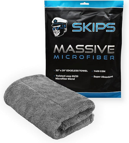 SKIPS Massive Microfiber Towel: Premium, Lint-Free Microfiber Cleaning Towel for Cars, Boats, and Large Surfaces - Absorbs 1 Gallon of Water, Ultra-Soft, Streak-Free, Safe for Paint