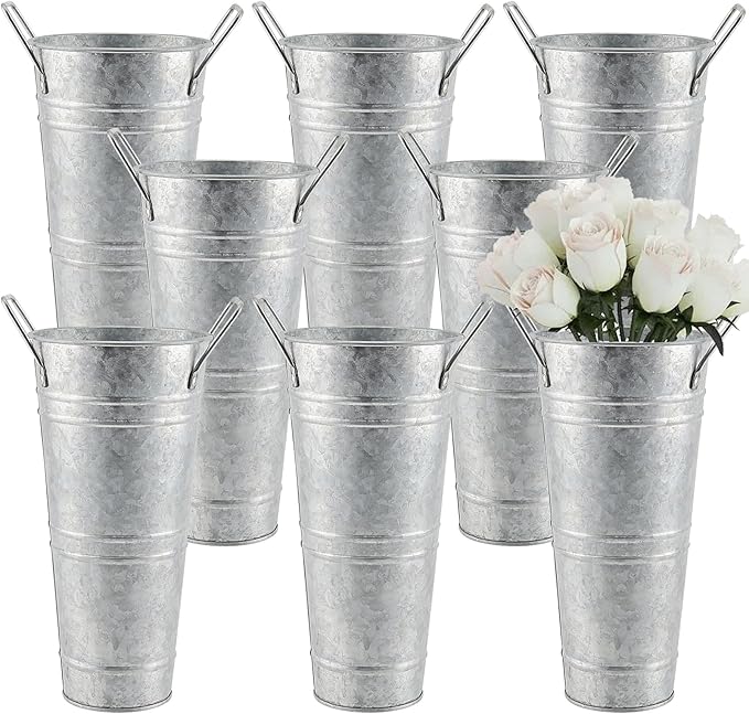 8 Pack 9 Inch Tall Galvanized Flower Bucket, Silver Farmhouse French Flower Bucket with Handle, Rustic Bucket Vintage Metal Vases for Flower, Centerpieces, Floral Wedding Arrangements