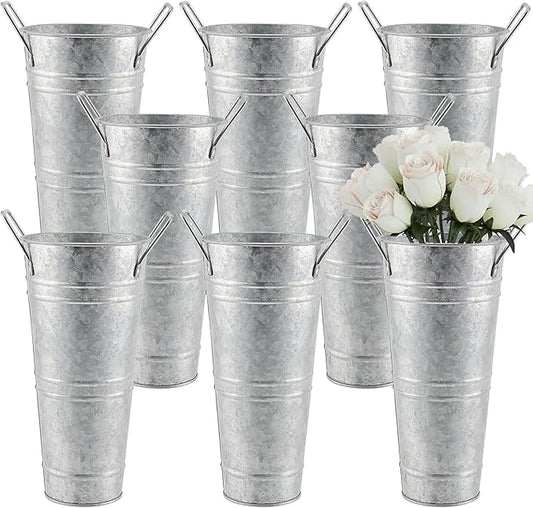 8 Pack 9 Inch Tall Galvanized Flower Bucket, Silver Farmhouse French Flower Bucket with Handle, Rustic Bucket Vintage Metal Vases for Flower, Centerpieces, Floral Wedding Arrangements