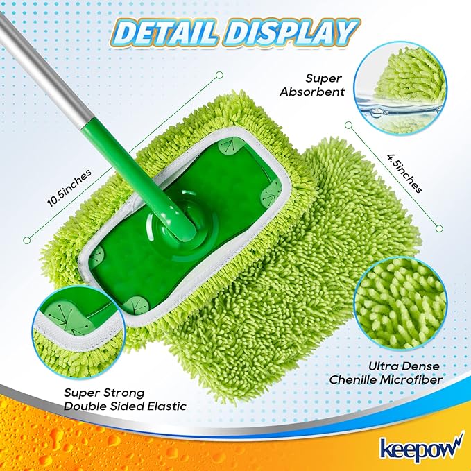 KEEPOW Reusable Mop Pads Compatible with Swiffer Sweeper Mop, Microfiber Dry Sweeping Cloths, Washable Wet Pads Refills Mopping Cloth Refills for Hardwood Floor Cleaning, 4 Pack
