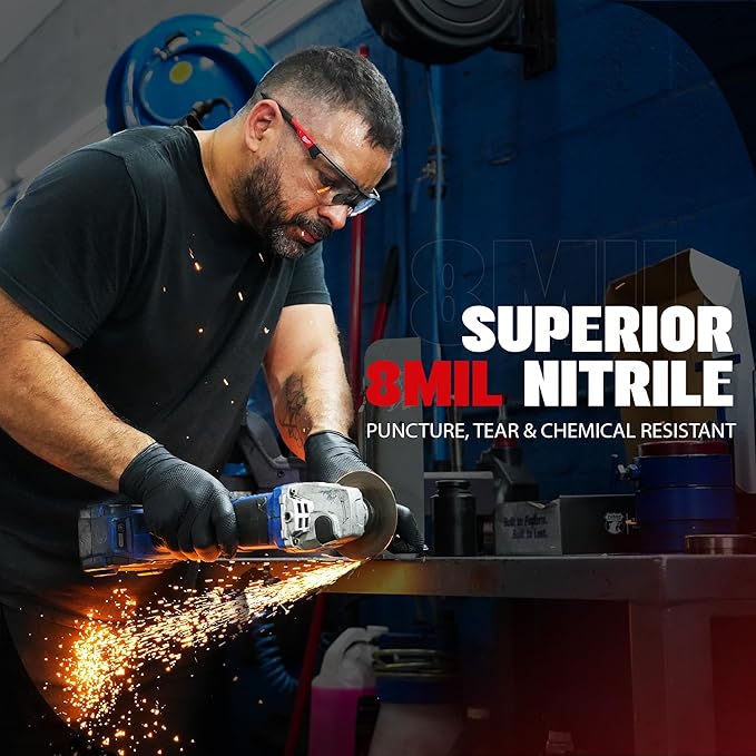 Herkules Grip Heavy Duty 8Mil Black Nitrile Gloves,3D Raised Diamond Texture-Latex & Powder-Free Industrial, Mechanic
