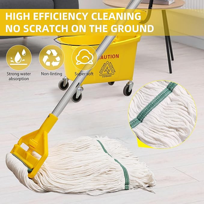 Commercial Mop Heavy Duty Industrial Mop with Long Handle,59" Looped-End String Wet Cotton Mops for Floor Cleaning, Including Three mop Head Replacement