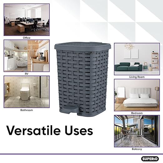 Superio Mini Trash Can with Foot Pedal Small Outdoor Garbage Can with Lid, 1.5 Gallon Plastic Waste Basket for Bathroom, Bedroom, Kitchen, Office, Patio (Wicker Grey 6 QT.)