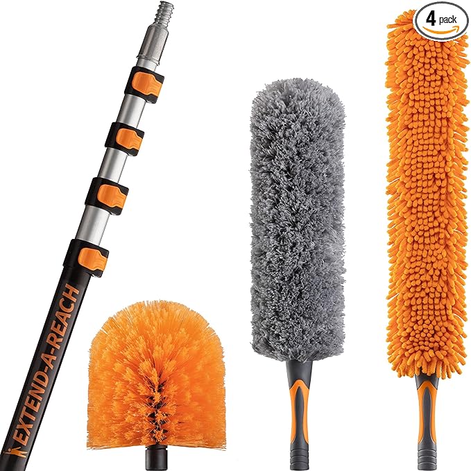 24 Feet High Reach Ceiling Dusters Set with 5-18 ft Extension Pole for Cleaning // Extendable Telescoping Long Reach Cobweb & Feather Dusters for High Ceiling // Extendable Ceiling Fan Blade Cleaner