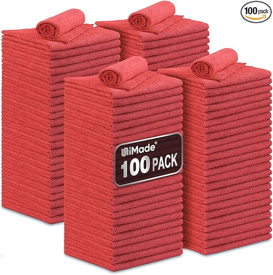 Shop Towels, 100 Pack Commercial Grade Work Rags Microfiber Towels for Cars Cleaning Rag Bulk Detailing Cloth for Automotive Bar Mechanic Restaurant Garage Housekeeping, 11.5"x 11.5", Red