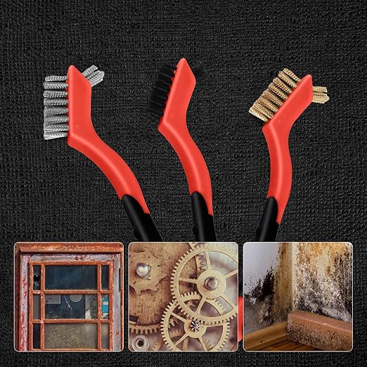 MAXMAN Wire Brush Set 6Pcs, Small Wire Brushes for Cleaning, Rust Remover, Scrub Brush, Detailing Brush, Metal Brush, Stainless Steel/ Brass/ Nylon Bristles Bristle Brush, Scratch Brush, (Red)