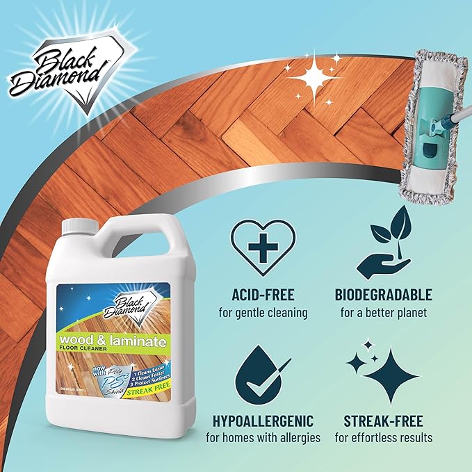 Black Diamond Laminate and Hardwood Floor Cleaner Spray, Versatile Solution Safe for Vinyl Floor Cleaner, Wood Flooring Cleaner, Polish, and Engineered Hardwood Floor Polish. 1-Gallon.