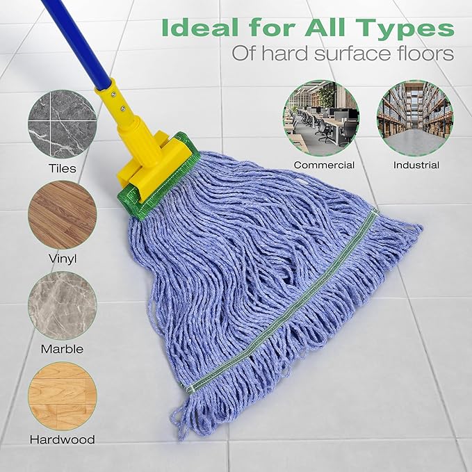 Matthew Cleaning Heavy Duty Mop Head Replacement, 5 Inch Wide Headband, Color Coded Looped End Cotton String Wet Mops for Floor Cleaning, Medium Size 18 oz, 12 Pack