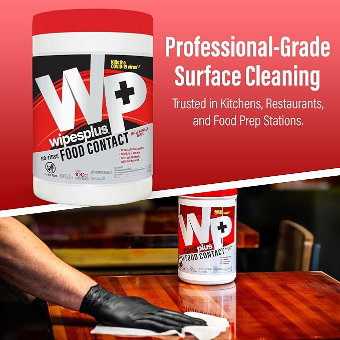 WIPESPLUS No-Rinse Food Contact Wipes Canister Multi-Surface Wipes, Unscented for Home and Business, 100, (1 Pack of 100)