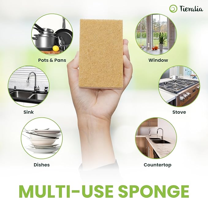 Tieralia Natural Dish Sponge Set – 12-Pack Eco-Friendly & Compostable Scrubbers | Cellulose & Sisal | Non-Toxic, Odor-Free, Reusable Kitchen Sponges for Dishes, Sink, Pots & Pans