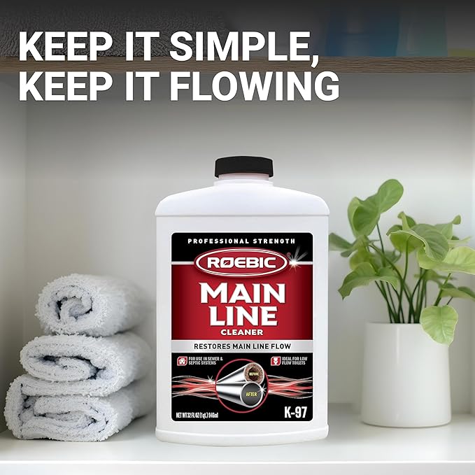 Roebic K-97 Liquid Main Line Cleaner with Bacteria Enzymes, Eliminates Organic Buildup in Sewer/Septic System and Protects from Clogs, Safe for Bathroom Toilet, 32 fl oz