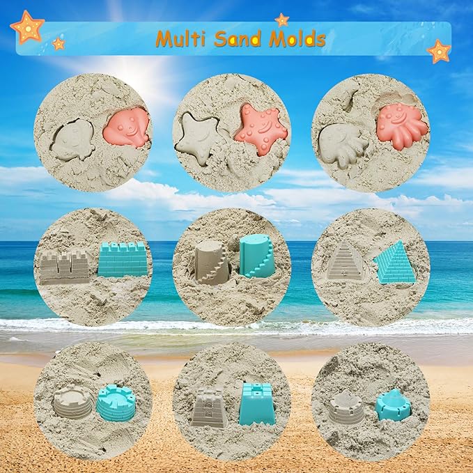 Beach Toys Sand Set for Kids, Collapsible Bucket and Shovels with Mesh Bag, Molds, Flags, Sandbox Kids Toddlers, Travel (Tavel Size)