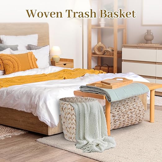 Boho Wicker Trash Can with Lid,Waterproof Bathroom Trash Can Hand Woven Wicker Waste Baskets for Kitchen Office Bedroom