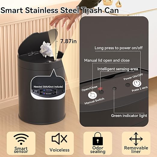 Bathroom Trash Can with Lid 2.6 Gallon Stainless Steel TrashCans Automatic Bathroom Garbage Can for Bedroom, Kitchen, Office