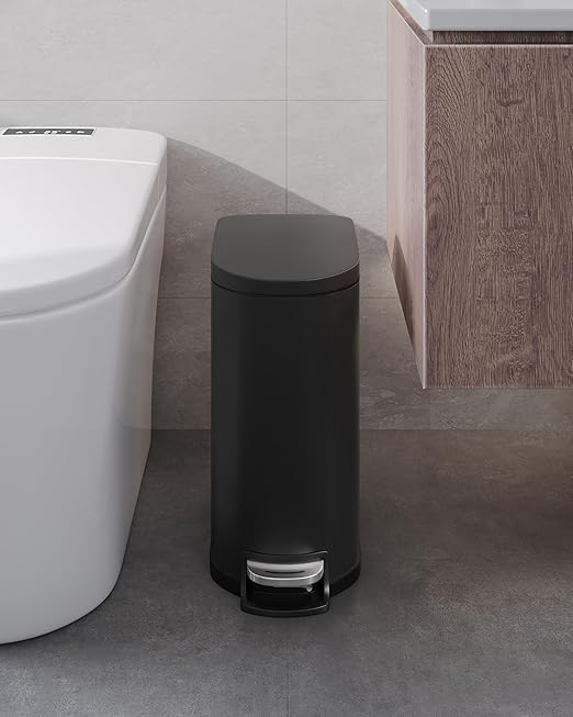 Garvee 13 Gal (50L) and 2.6 Gal (10L) Metal Trash Can Combo Set, Rustproof Garbage Can with Lid, Step-on Trash Bin with Inner Bucket, Rear Handle, Black