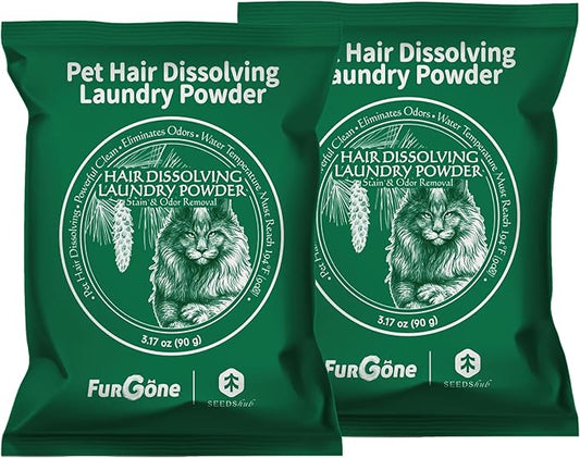 FurGone × Seedshub 2 Sachets Pet Hair Odor & Stain Remover for Laundry, 96.7% Hair Dissolution, Based Powder Detergent for Clothes, Bedding, Effective Dog & Cat Hair Remover, Septic Safe