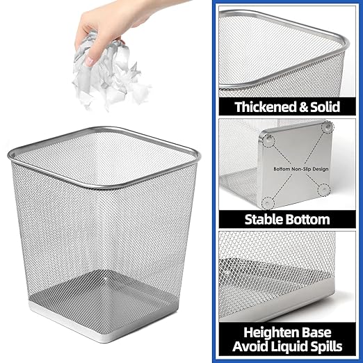 10-Pack Silver Square Metal Trash Cans, 6 Gallon Capacity, Mesh Design, Non-Slip Base, Smooth Edges, Suitable for Office, Home, School
