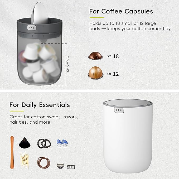 EKO Fandy 0.58 Gal/2.2L Mini Trash Can with Lid, Swing-Top Desktop Trash Can for Bathroom, Countertop, Vanity, Desk or Office, Small Garbage Bin (White)