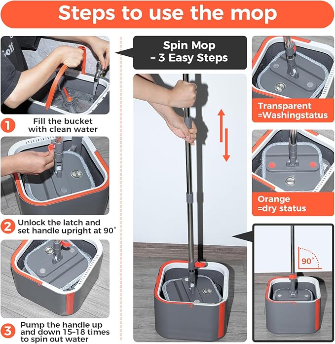 Spin Mop and Bucket Set, 360 ° Rotating Floor Mop with Separation Dirty and Clean Water System, Square Floor Cleaner for Mopping with Handle, Cleaning Brush and 2 Washable Ultra-fine Fiber Pads