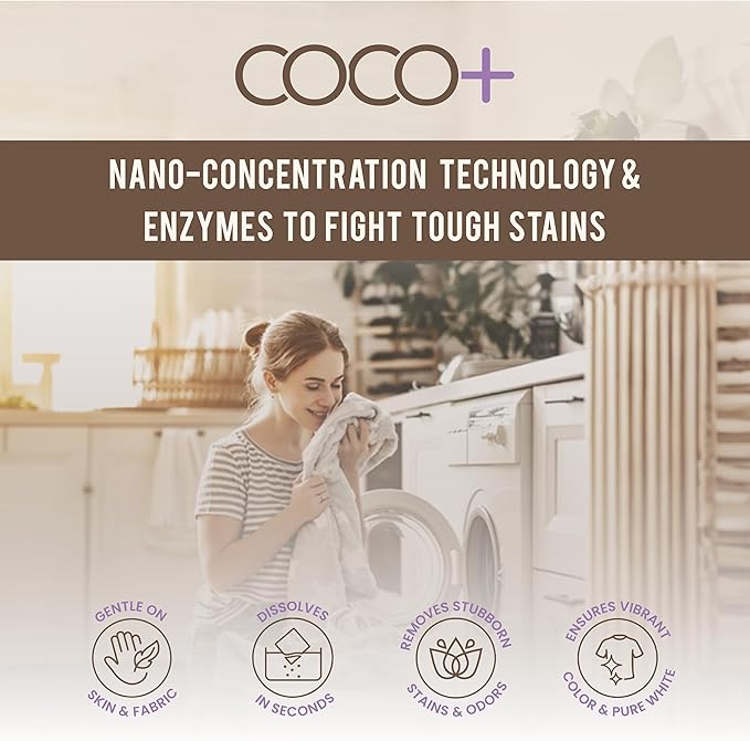 COCO+ Laundry Detergent Sheets - Nano-Concentrated with Enzymes, Hypoallergenic & Plant-Based - Deep Clean, Safe for Sensitive Skin - (120 Loads 60 Sheets) - Calming Lavender