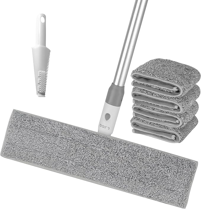 Flat Microfiber Mop for Floor Cleaning, 15.7 in (40 cm) Aluminum Base, 4-Section Aluminum Handle 52 in, Dry & Wet Use, 4 Washable Pads, Debris Scraper – LJGG (Gray/White)