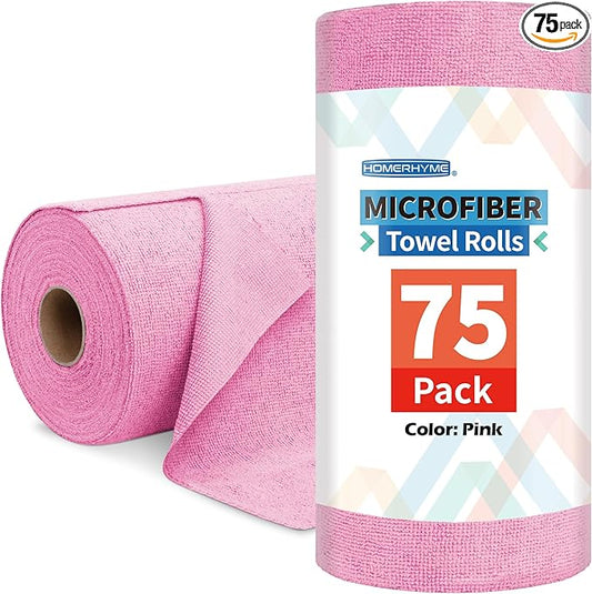 HOMERHYME Microfiber Cleaning Cloth Roll, 75 Pack Tear Away Microfiber Towel, Reusable Washable Shop Towels, Lint Free Cleaning Rags for Car Home Kitchen Garage & Automotive 11.5"x11.5" Pink